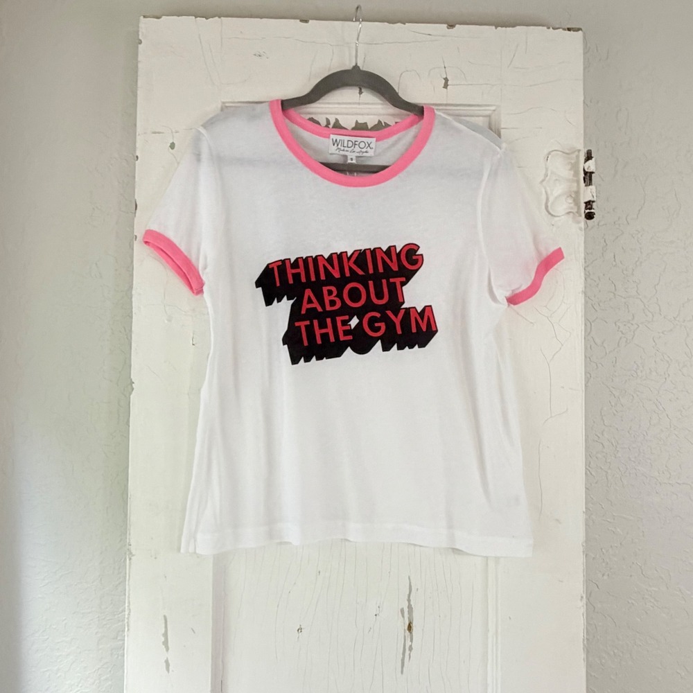 Wildfox Thinking About The Gym Ringer Graphic Tee White Pink S NWT